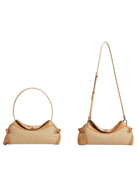 Soléne Raffia Crescent Bag in Warm Cinnamon Tan (Genuine Leather)