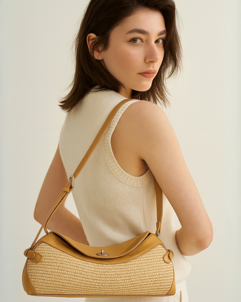 Soléne Raffia Crescent Bag in Warm Cinnamon Tan (Genuine Leather)