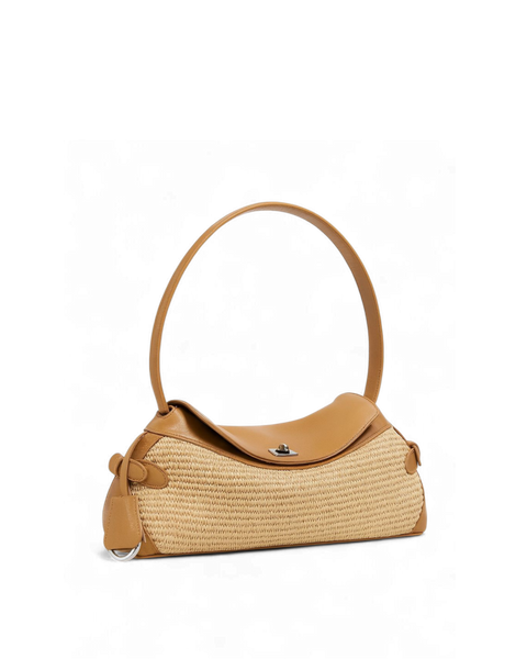 Soléne Raffia Crescent Bag in Warm Cinnamon Tan (Genuine Leather)