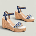 Azulée 100 navy embroidered floral espadrille wedge sandals, pair
