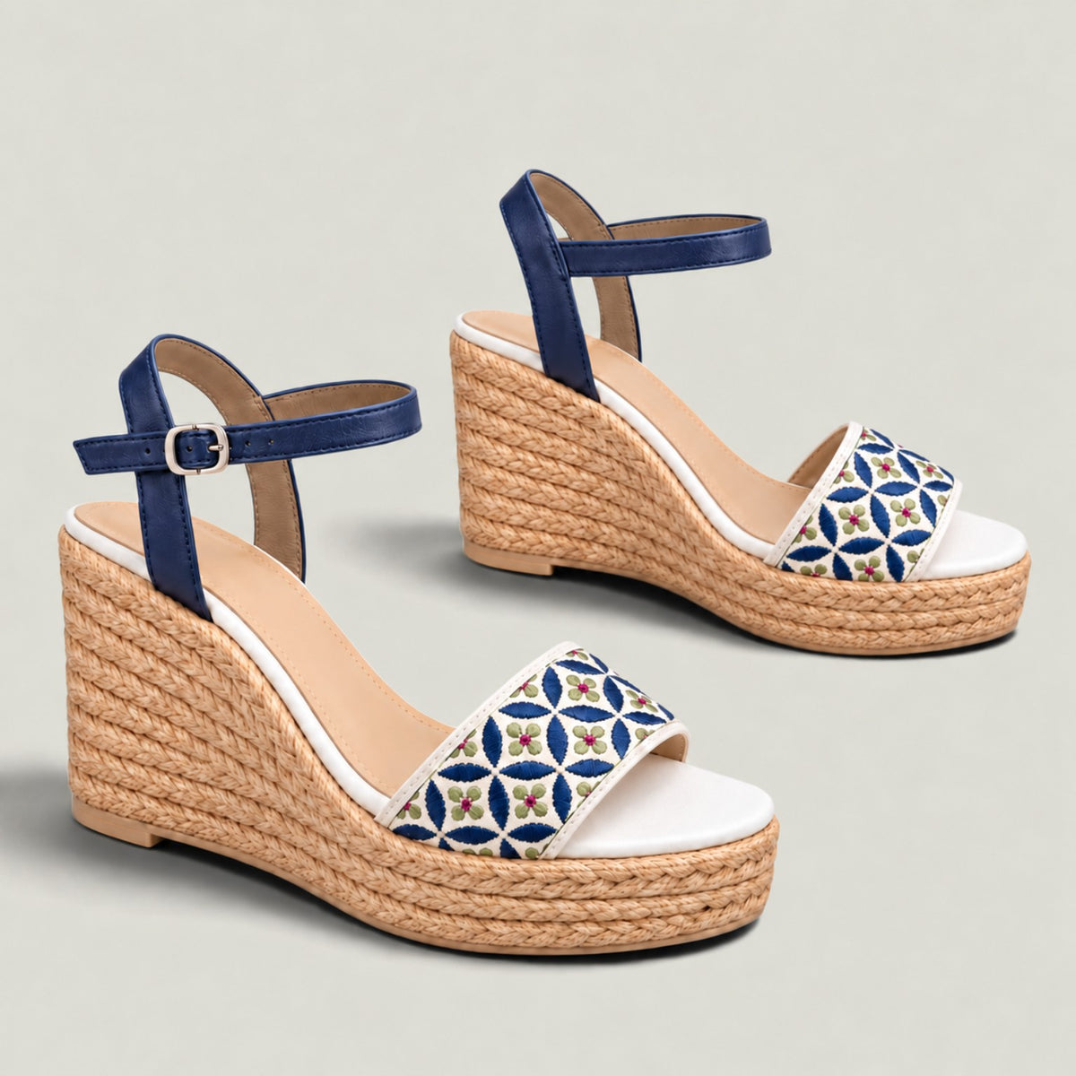 Azulée 100 navy embroidered floral espadrille wedge sandals, pair