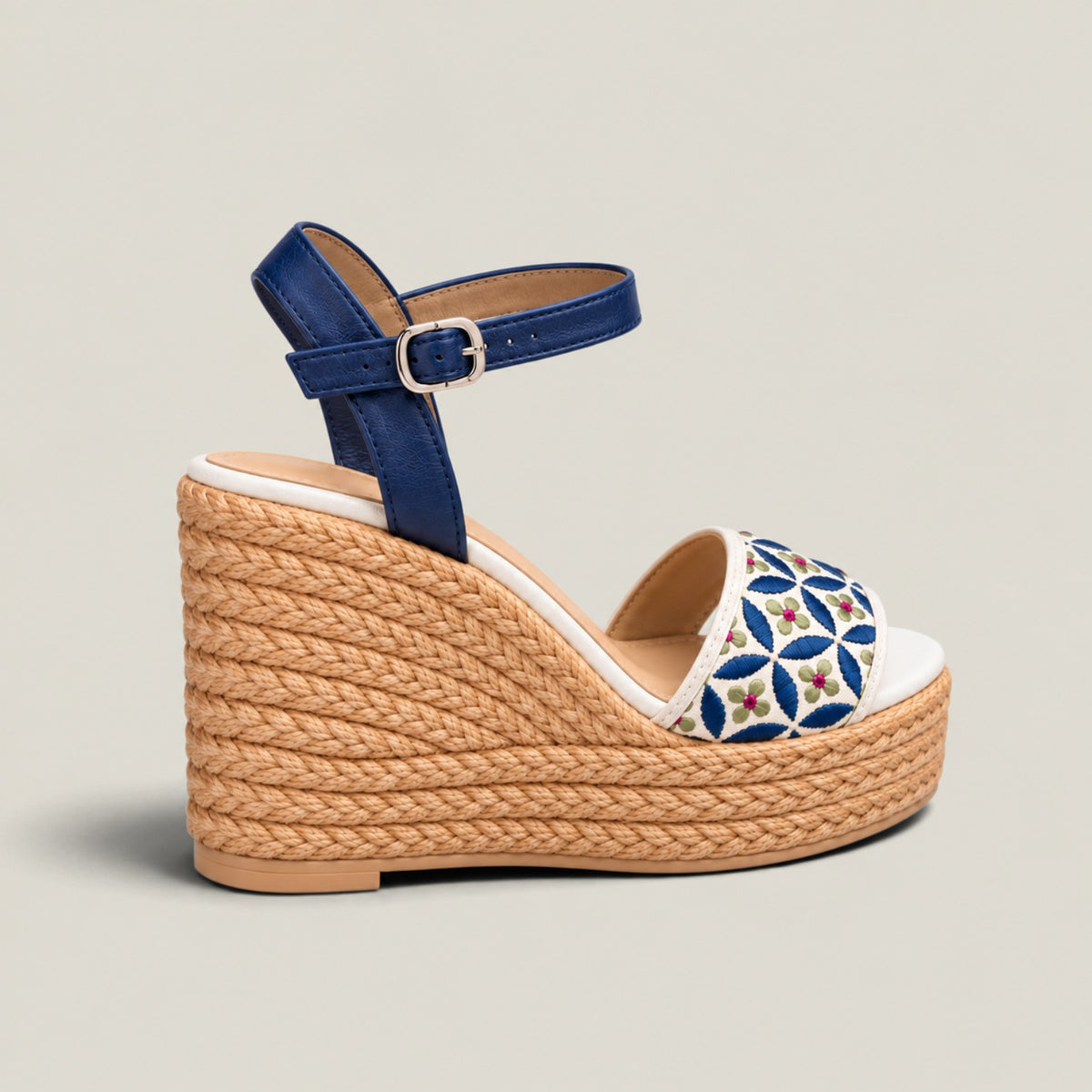 Azulée 100 navy ankle strap and woven wedge