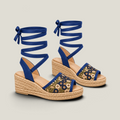 Fiorella 100 cobalt-blue floral lace-up espadrille wedge sandals, front pair view