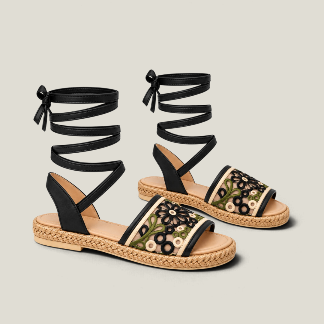 Fiorella black floral lace-up espadrille sandals front angled pair