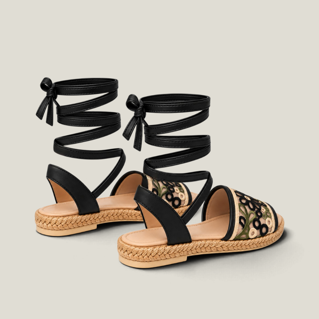 Fiorella black floral espadrille sandals rear and heel view