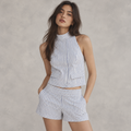 Model wearing Halter Co-ord blue white striped halter top and matching shorts