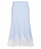 Powder-blue midi skirt with floral ivory lace hem
