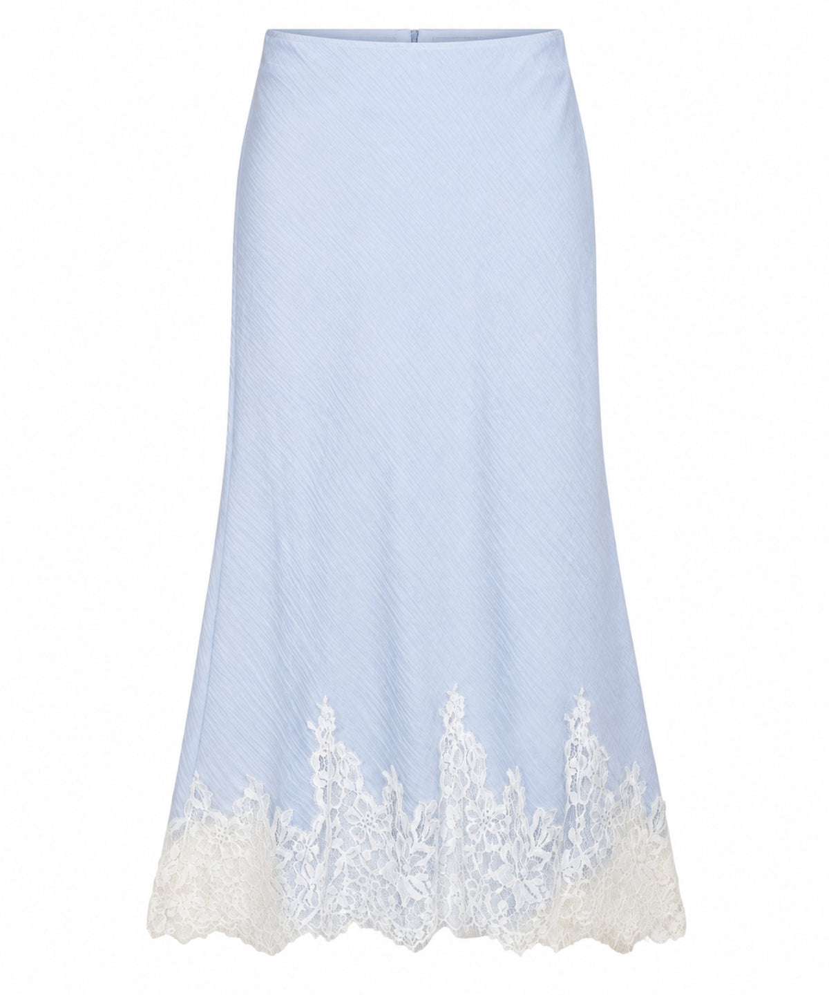 Powder-blue midi skirt with floral ivory lace hem