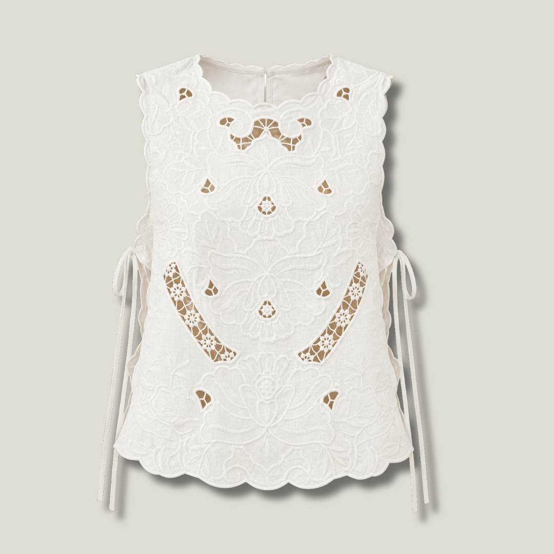 Margot Lace Top ivory embroidered floral cutwork front view with side ties