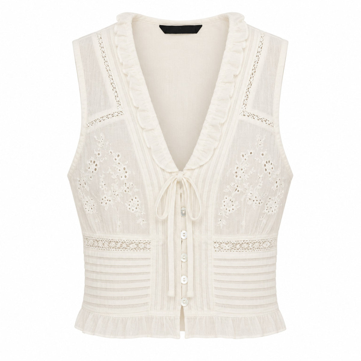 Odette Broderie Top ivory front product view showing floral embroidery, lace panels, tie detail and buttons