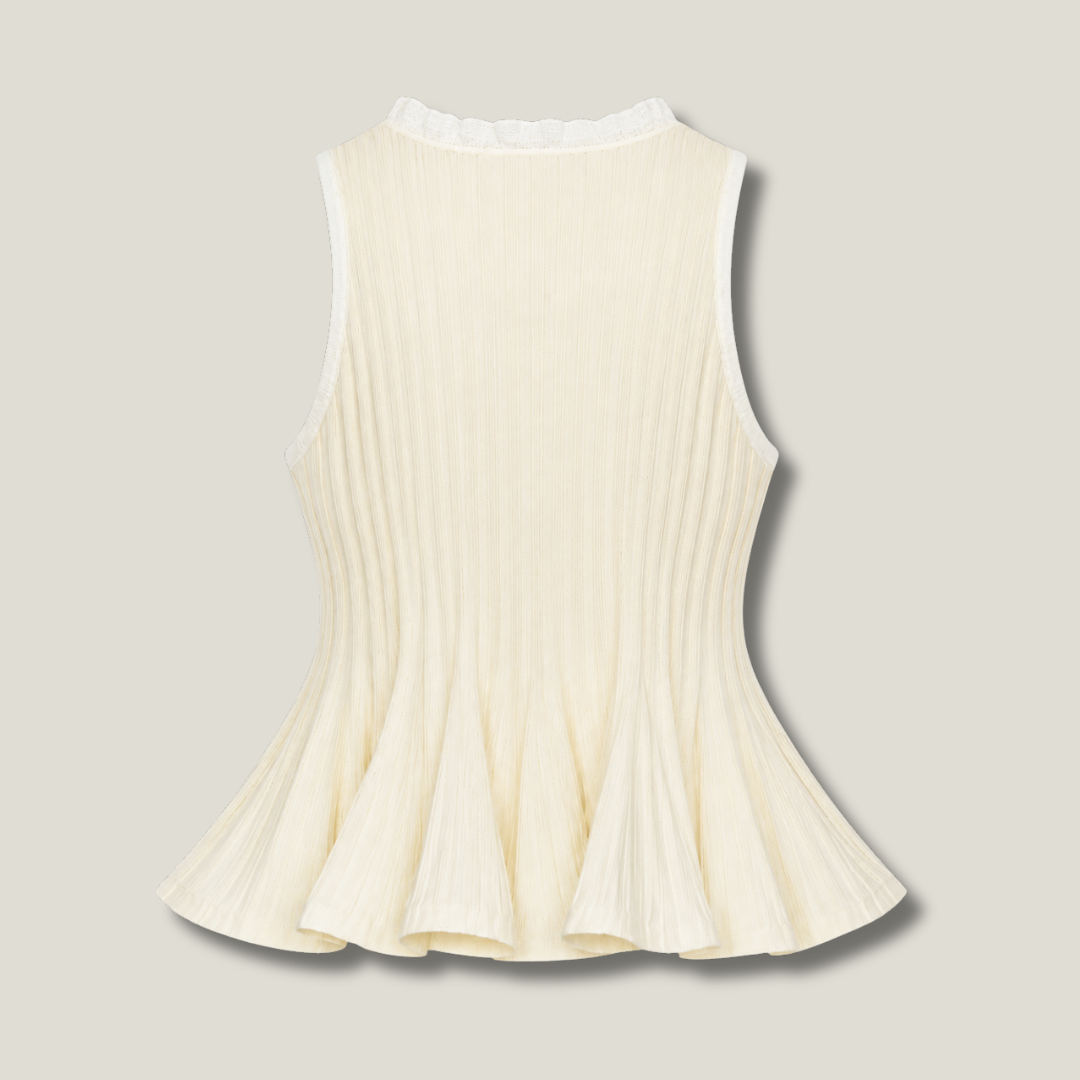 Ribbed Peplum Top in buttercream - back with fine ribbing, ruffle-trim collar and flowing hem