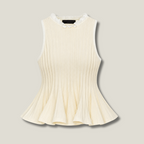 Ribbed Peplum Top in buttercream - front with sleeveless high neck, fine ribbing and flared peplum