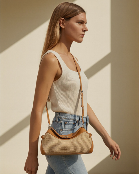 Soléne Raffia Crescent Bag in Warm Cinnamon Tan (Genuine Leather)