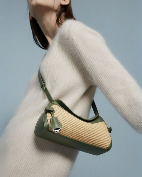 Soléne Raffia Crescent Bag in Olive (Genuine Leather)