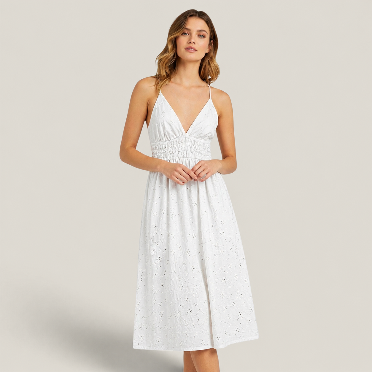 Eyelet Smocked Midi