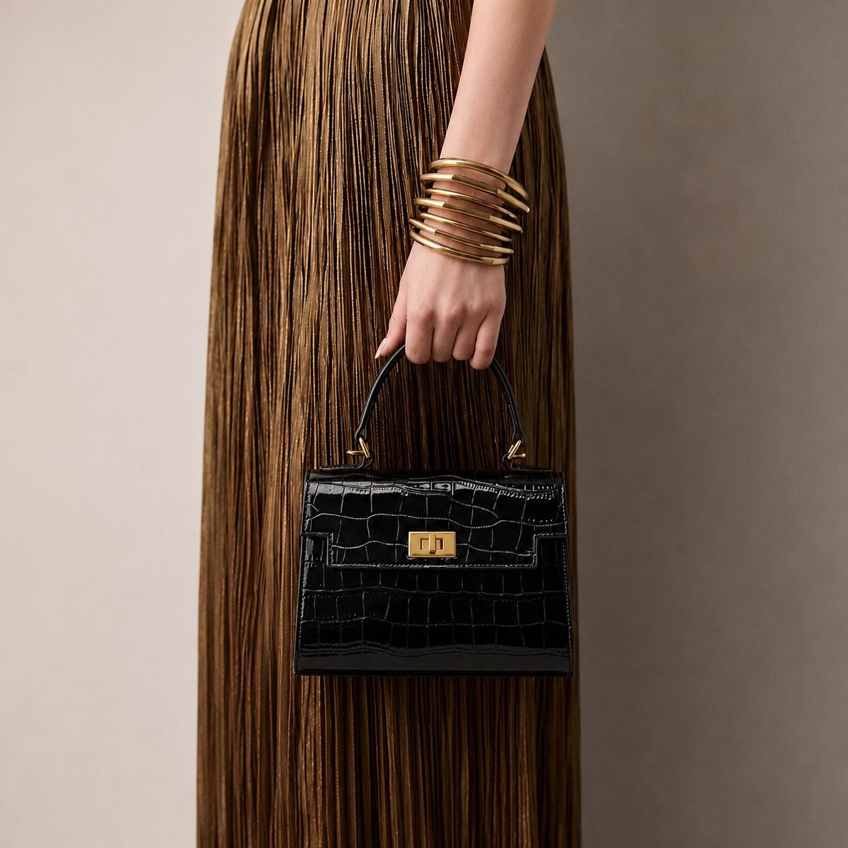 Croc-Embossed Top Handle Bag
