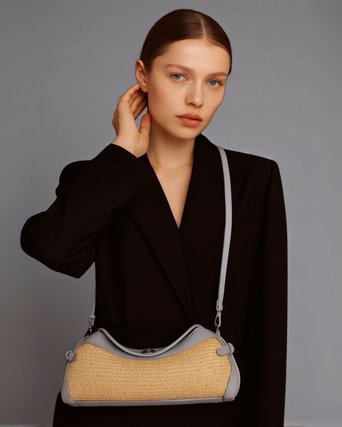 Soléne Raffia Crescent Bag in Ciel (Genuine Leather)