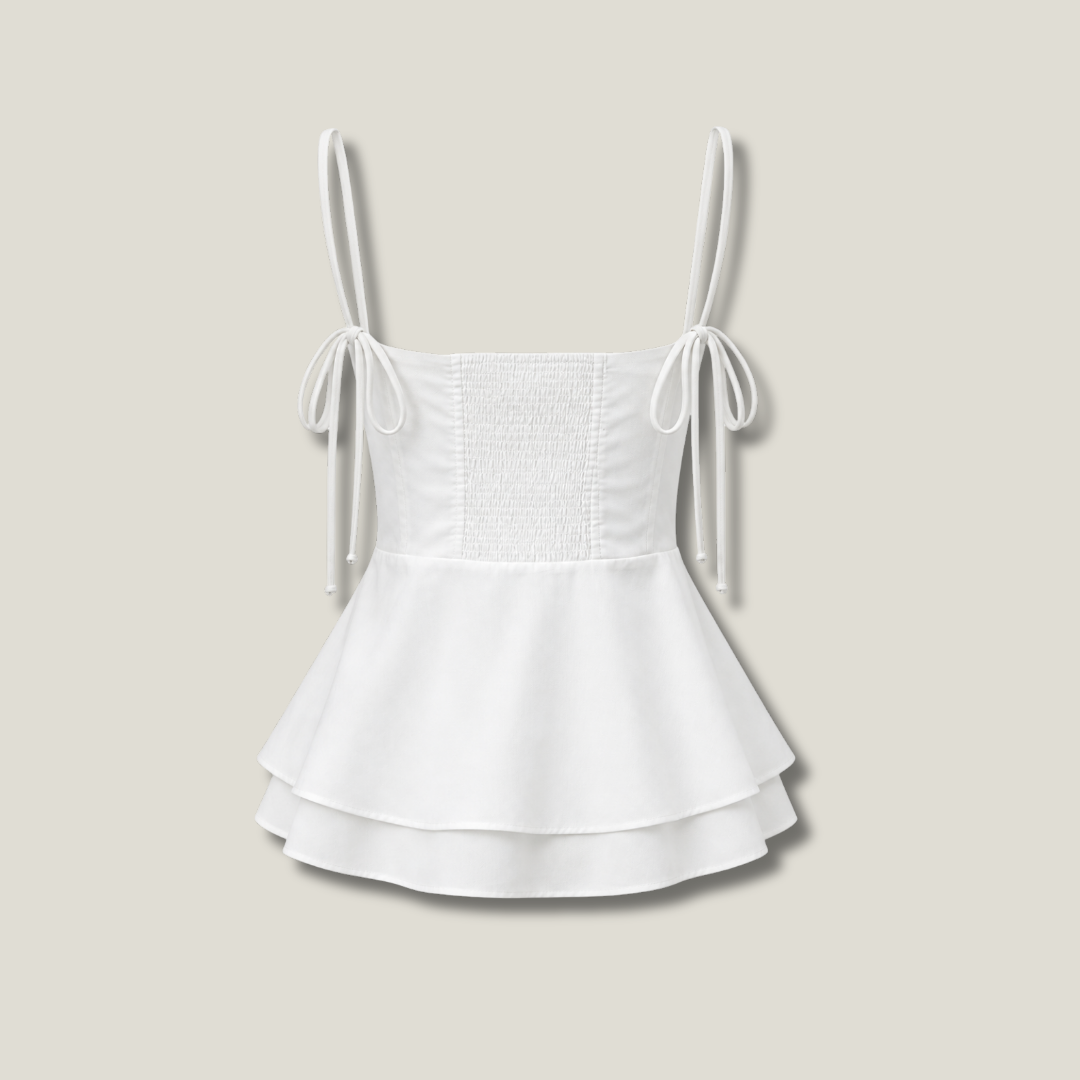 Ruched Peplum Top back view - smocked back and layered peplum