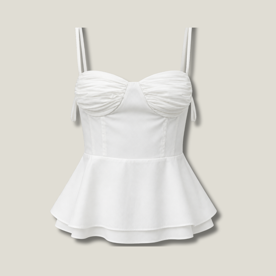Ruched Peplum Top front view - ruched sweetheart neckline and double-layer peplum